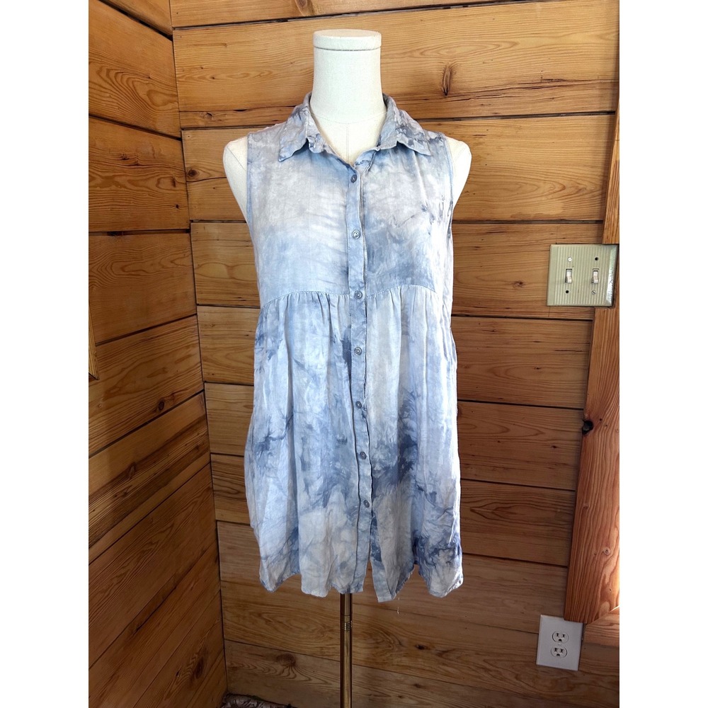 Tie Dye Tunic Sleeveless Babydoll Top Womens Medium Blue Cloud Print Umgee